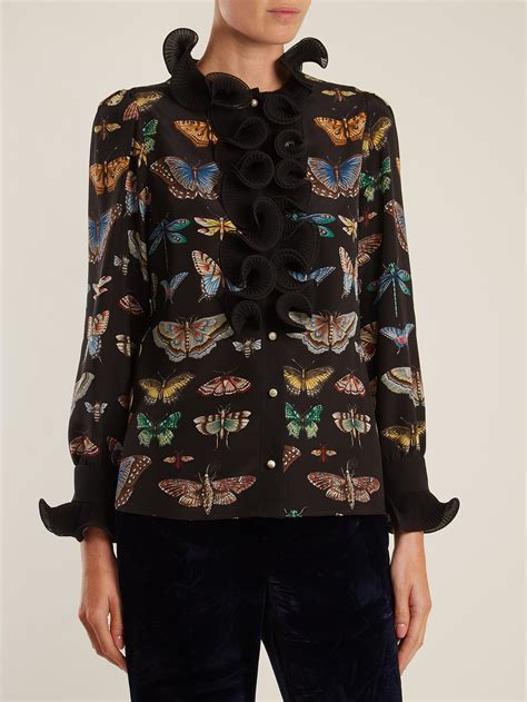 black floral silk gucci|gucci ruffle blouse.